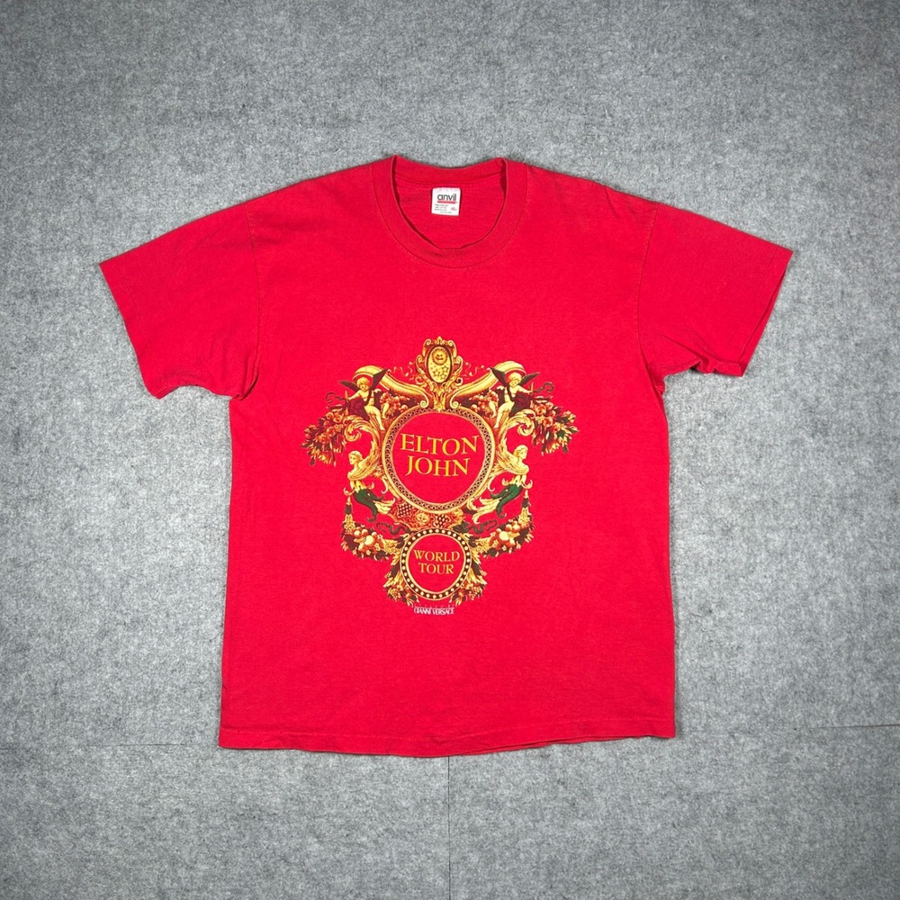 Vintage‎ Elton John World Tour T Shirt Men XL Red Gianni Versace Concert Anvil
